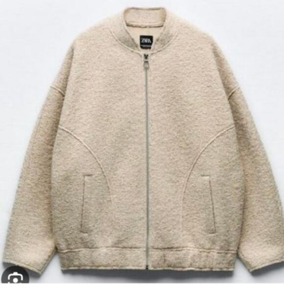 Zara OVERSIZED BOUCLE Bomber SAND Sz M-L NEW NWT - Picture 2 of 8